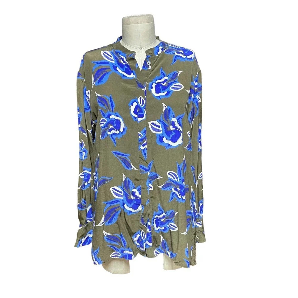 Diane Von Furstenberg Green Blue Floral Button-Up Long Sleeve Silk Top Size XS